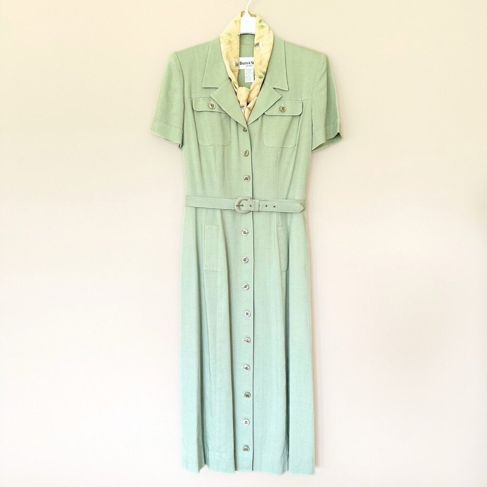 Vintage-Inspired Sage Green Button-Front Dress with Belt